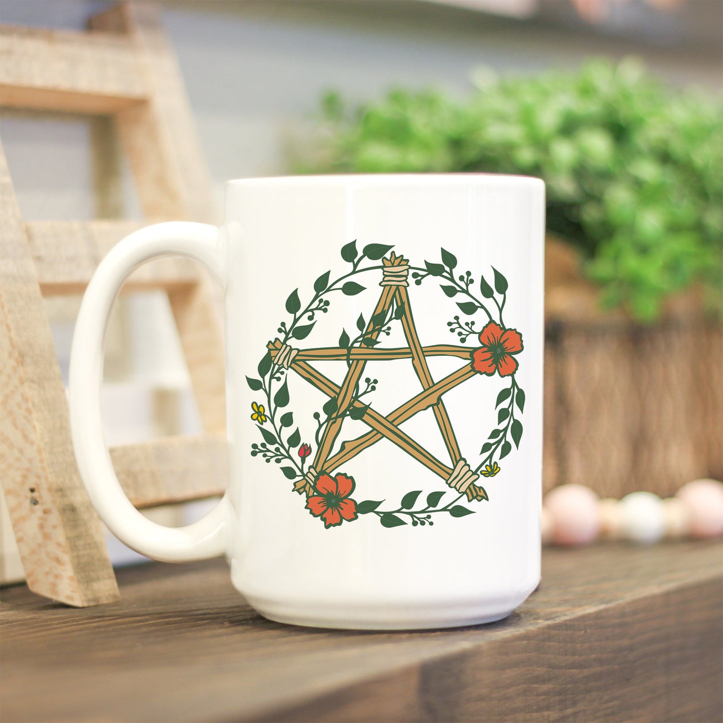 Pentagram with Flowers Ceramic Mug